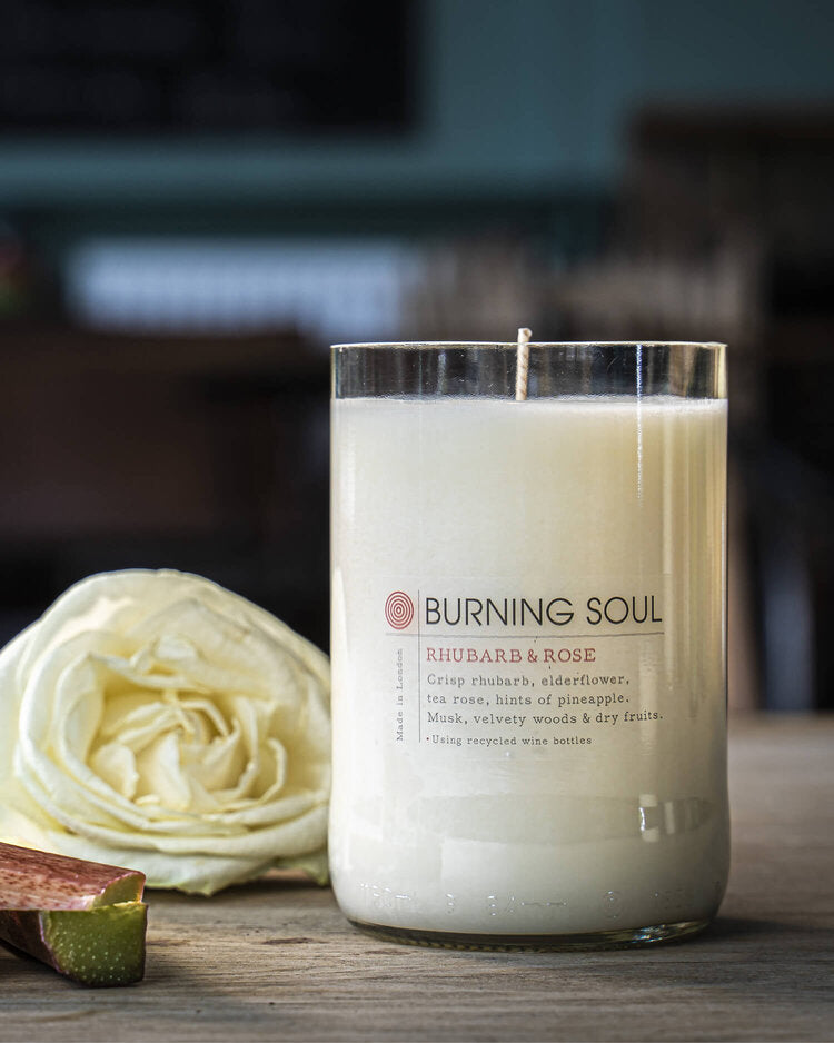 candle burning soul london -  upcycled wine bottle - rhubarb and rose