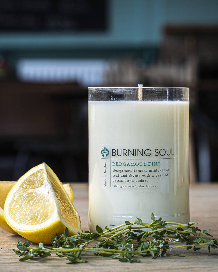 candle burning soul london -  upcycled wine bottle - bergamot and pine