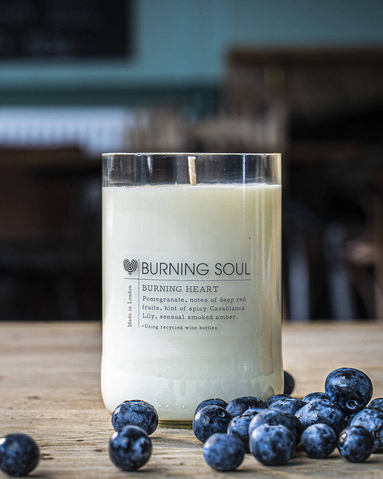 candle burning soul london -  upcycled wine bottle - burnng heart blueberries