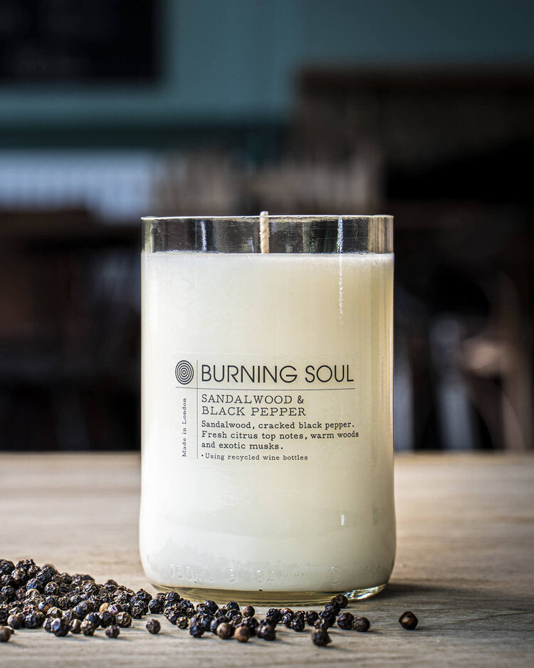 candle burning soul london -  upcycled wine bottle - sandalwood and black pepper peppercorns