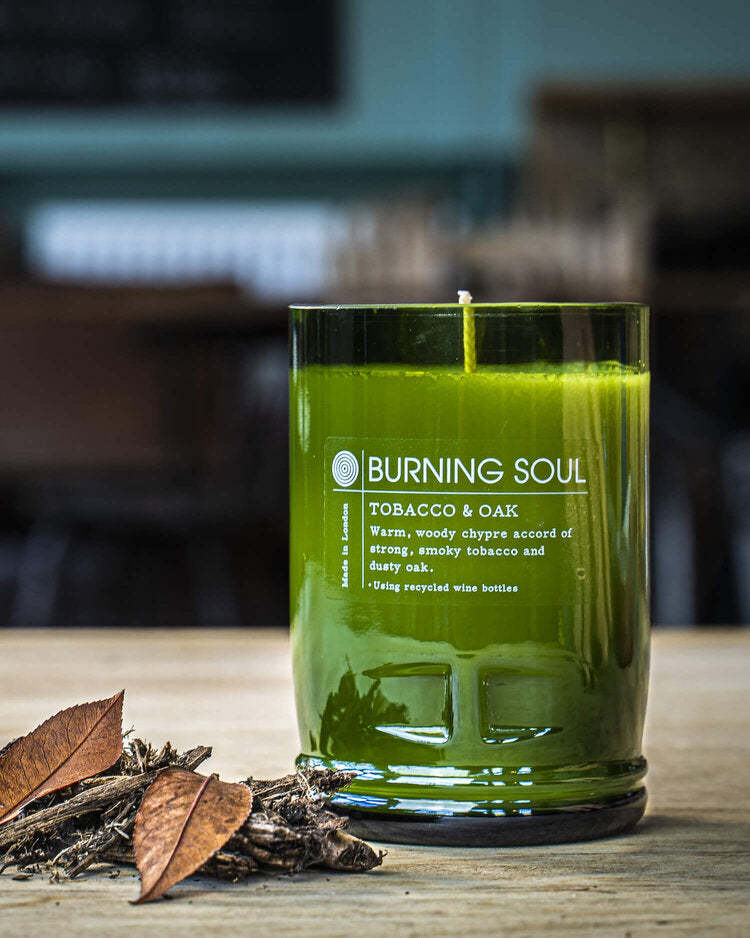 candle burning soul london -  upcycled wine bottle - tobacco and oak