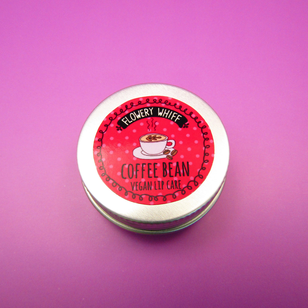flowery whiff - coffee bean lip balm - plastic free - pink background