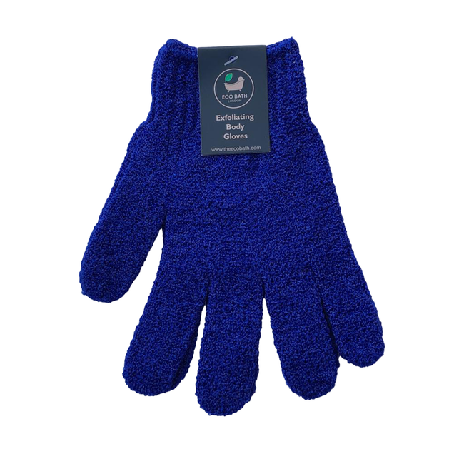 exfoliating bath gloves, blue in colour, on white background, eco bath london