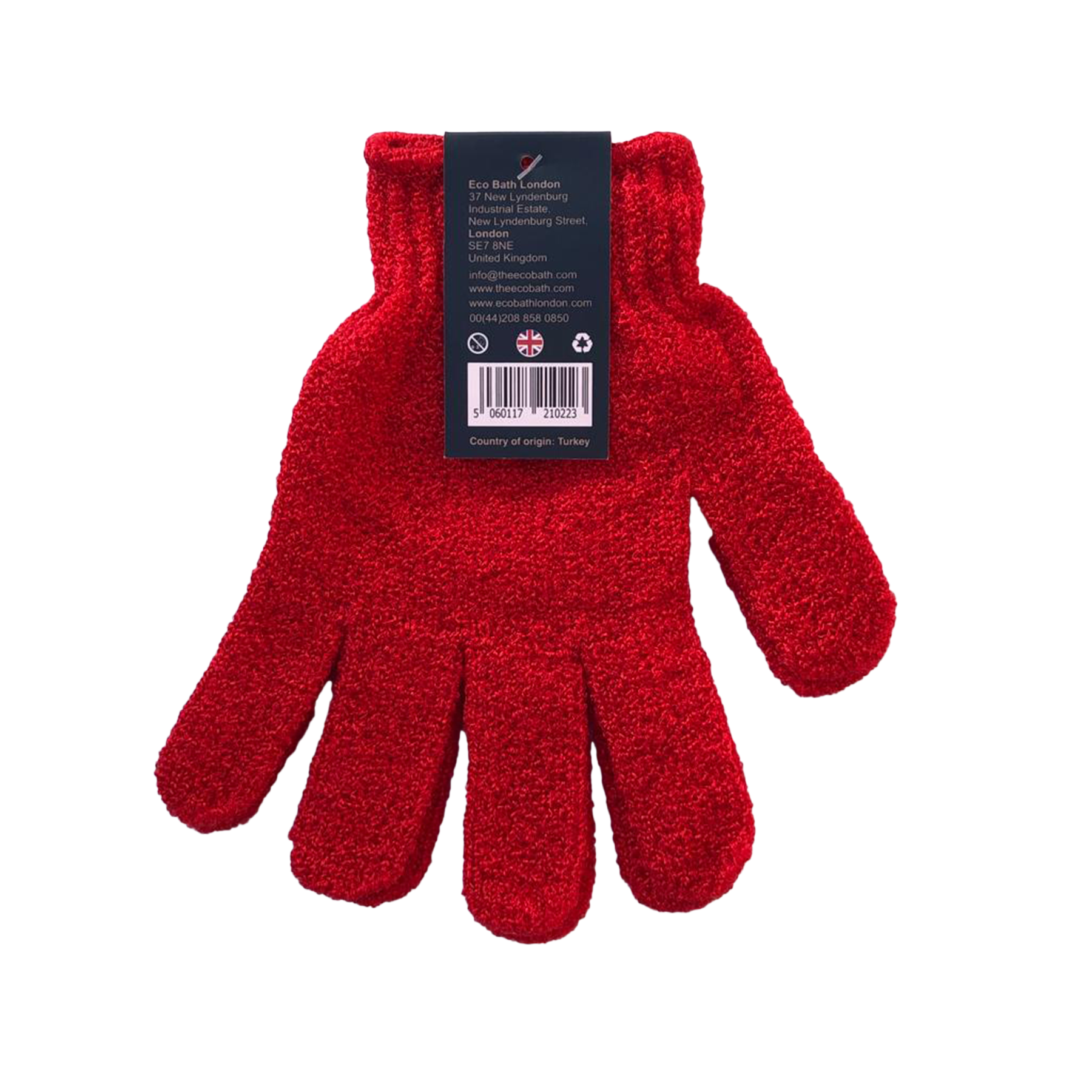 exfoliating bath gloves, red in colour, on white background, eco bath london