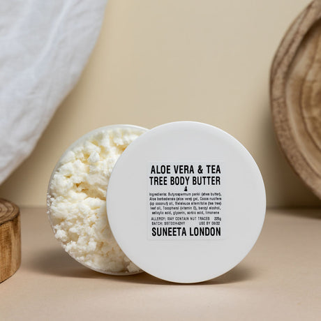 aloe vera tea tree body butter 225g pot lid open - suneeta london