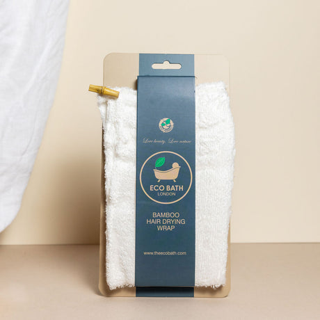 bamboo hair drying wrap by eco bath london on natural clean background