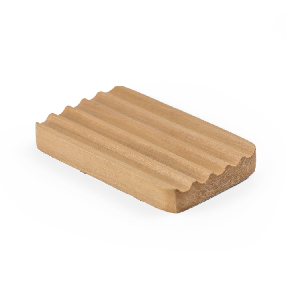 eco bath london soap dish beech wood ridged, white background, side view