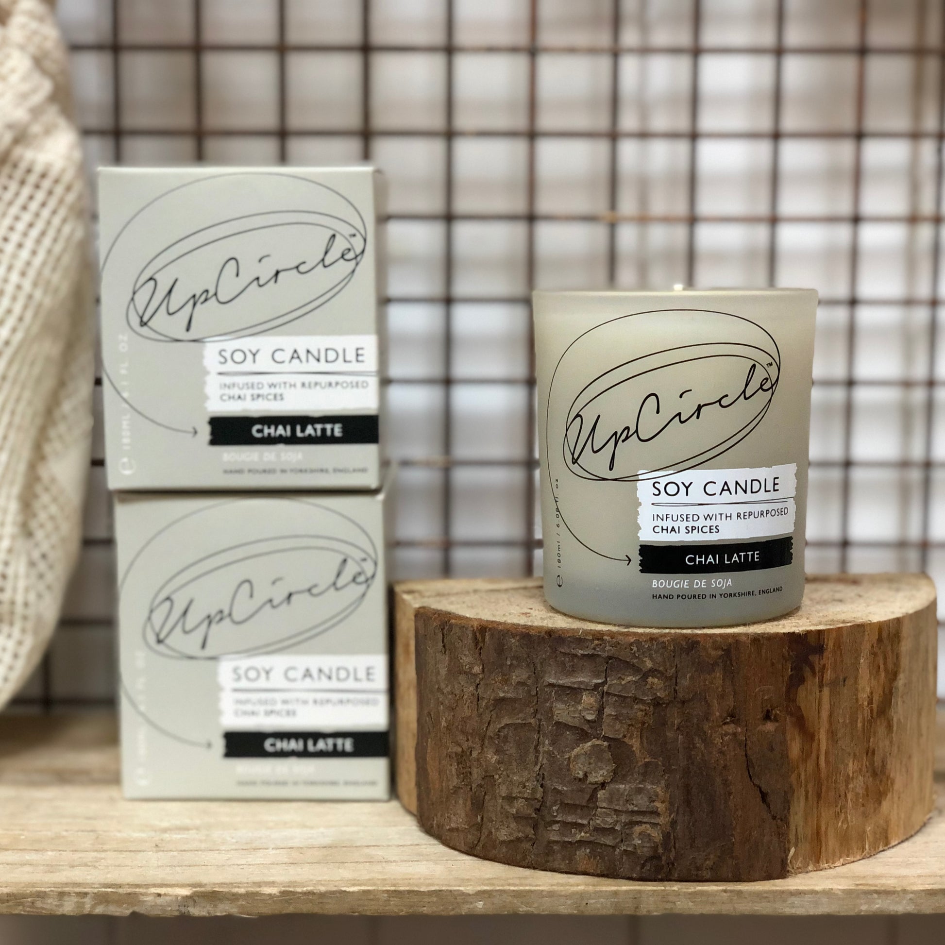 up circle soy candle on display in weigh and pay