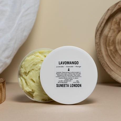 lavomango body lotion by suneeta london, 225g pot, open, front view
