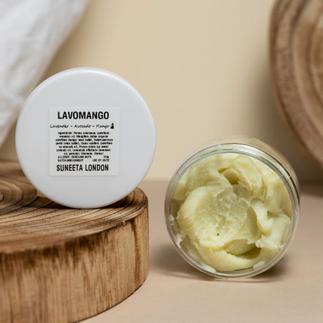 lavomango body lotion by suneeta london, 125g pot, open, front view