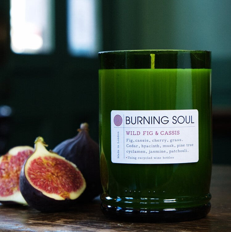 candle burning soul london - wild fig cassis - upcycled wine bottle - pomegranate